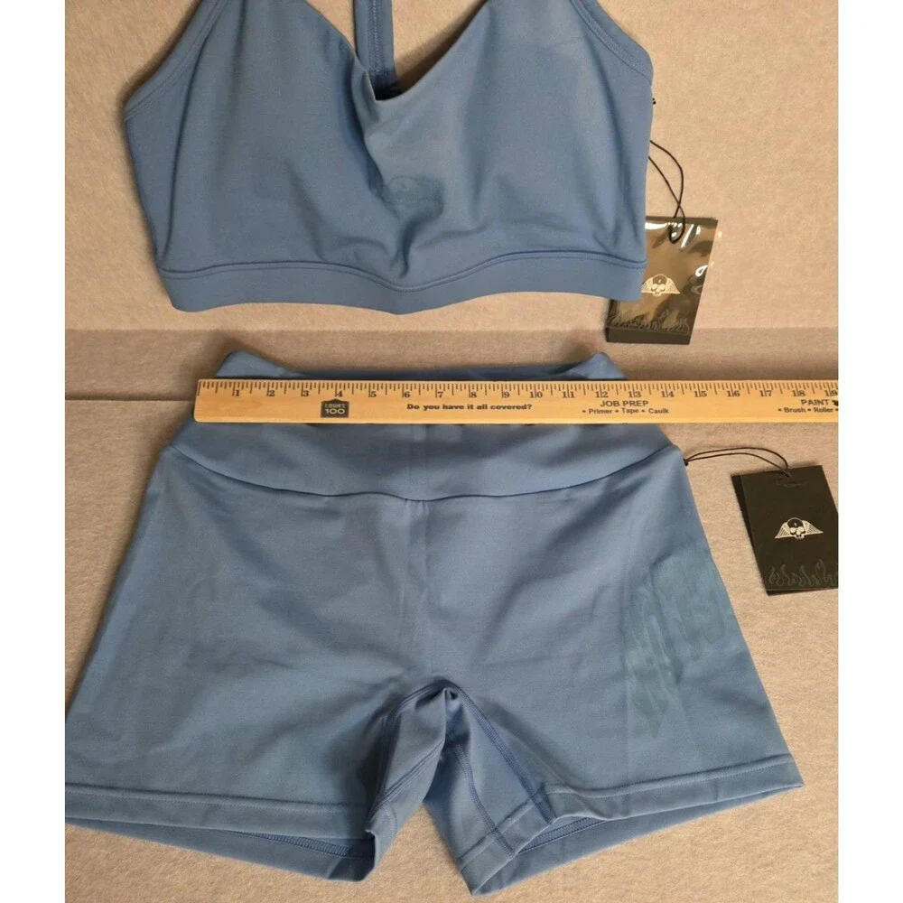 CIVIL REGIME No Tomorrow Women's Large Blue Sports Bra Shorts 2 Piece Set NWT